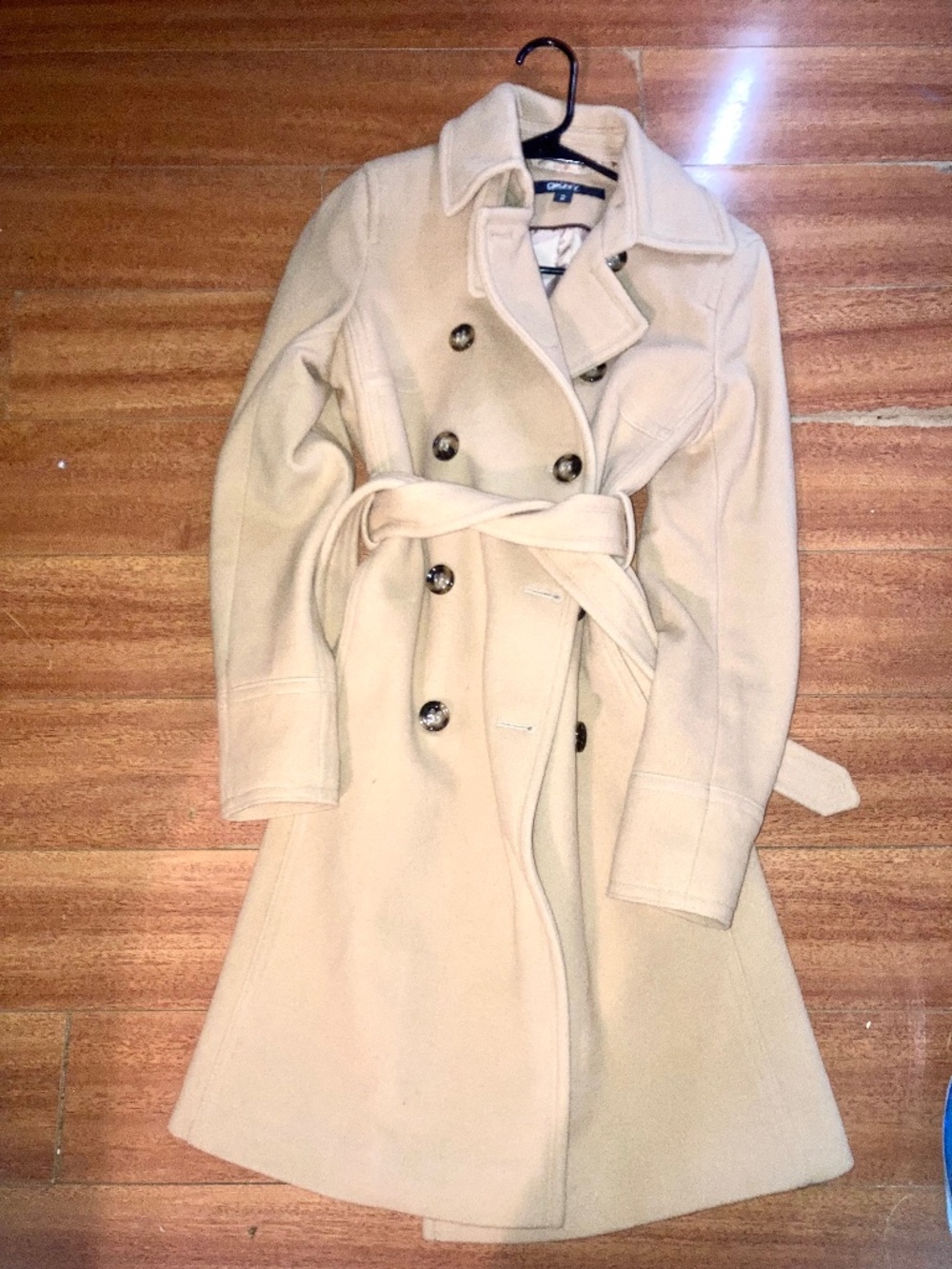 DKNY fall coat camel cashmere tan wool riding double breasted 2 midi trench